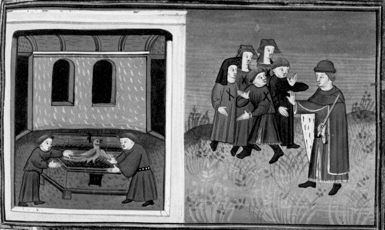 Decameron, Giovanni del Bragoniera e Biagio Pizzini rubano la reliquia a frate Ciboule; il frate segna i vestiti dei paesani con i carboni. Sesto giorno, notizia 10 da Giovanni Boccaccio