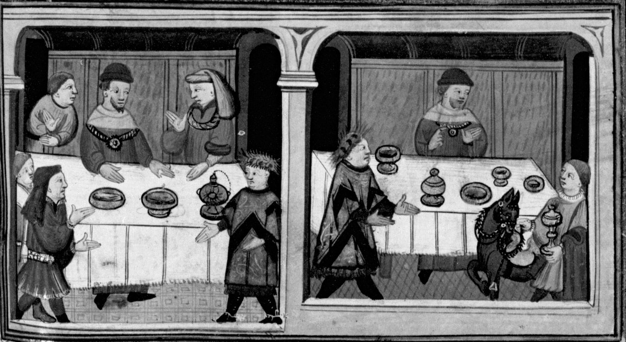 Decameron, Bergamin è invitato alla tavola di Cangrande della Scala; Bergamin riceve sontuosi doni. Primo giorno, nuovo 7. da Giovanni Boccaccio