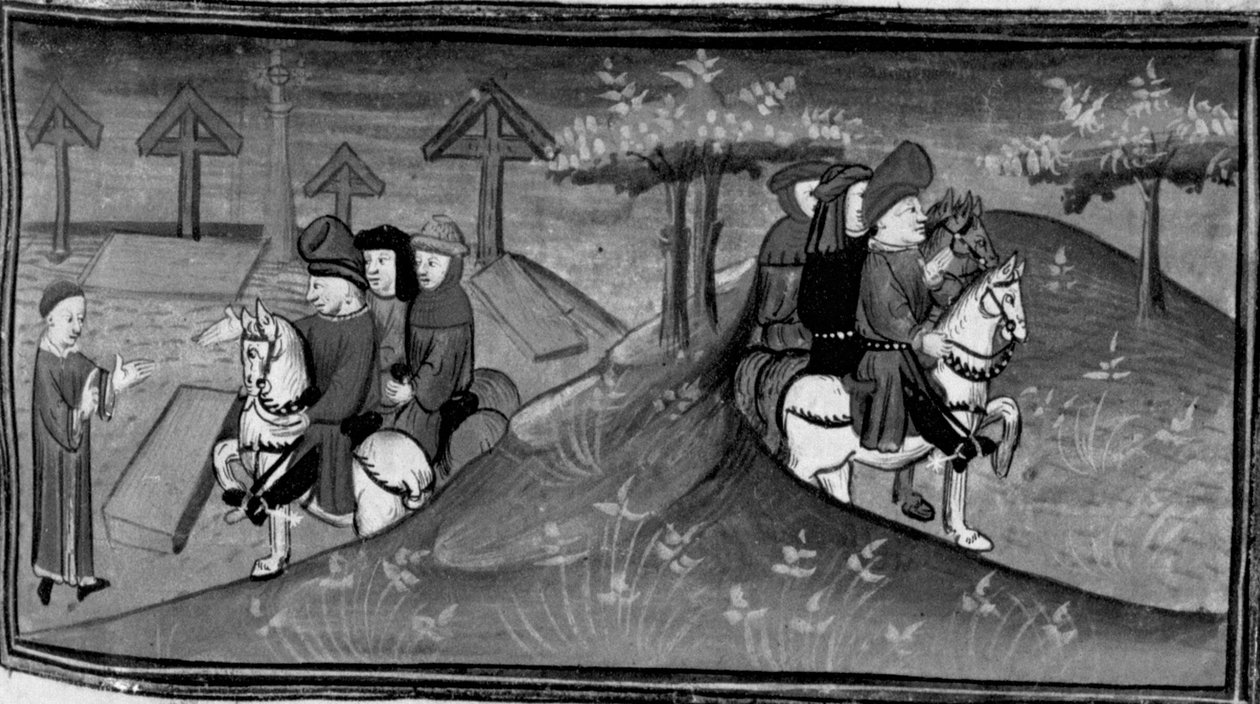 Decameron, Betto Brunelleschi e la sua brigata incontrano Guido Cavalcanti; Betto spiega le parole di Guido ai suoi amici. Sesta giornata, notizia 9 da Giovanni Boccaccio