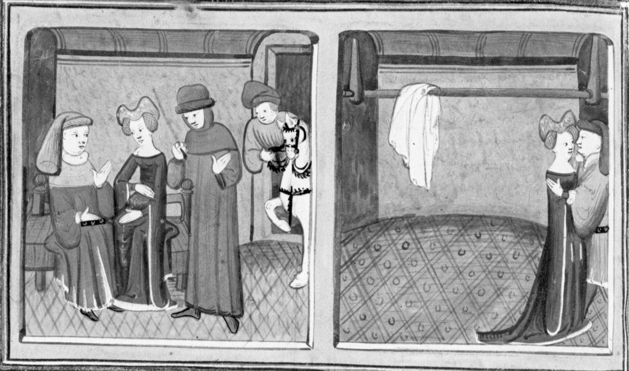 Decameron, Francesco Vergellesi permette a Zima di parlare con la moglie; Zima e la moglie di Francesco si scambiano un bacio. Terza giornata, racconto 5 da Giovanni Boccaccio