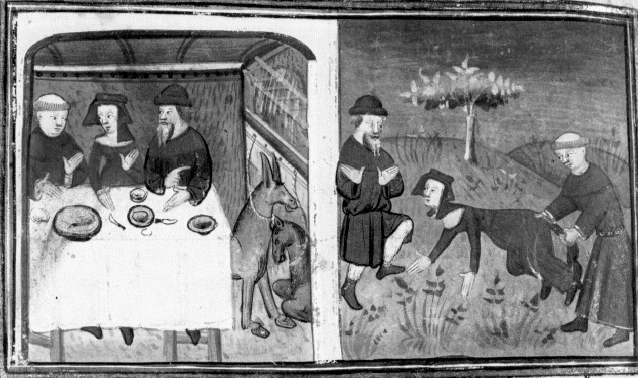Decameron, Gianni di Barolo è seduto a tavola con Pietro da Tresanti e sua moglie; Gianni cerca di legare la coda della donna. Nono giorno, racconto 10 da Giovanni Boccaccio