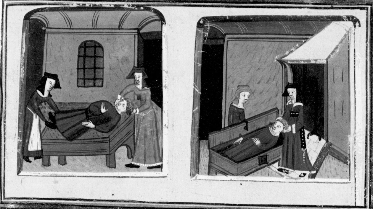 Decameron, la moglie di Mazzeo crede che il suo amante sia morto; la donna nasconde il corpo in un baule. Quarta giornata, racconto 10 da Giovanni Boccaccio