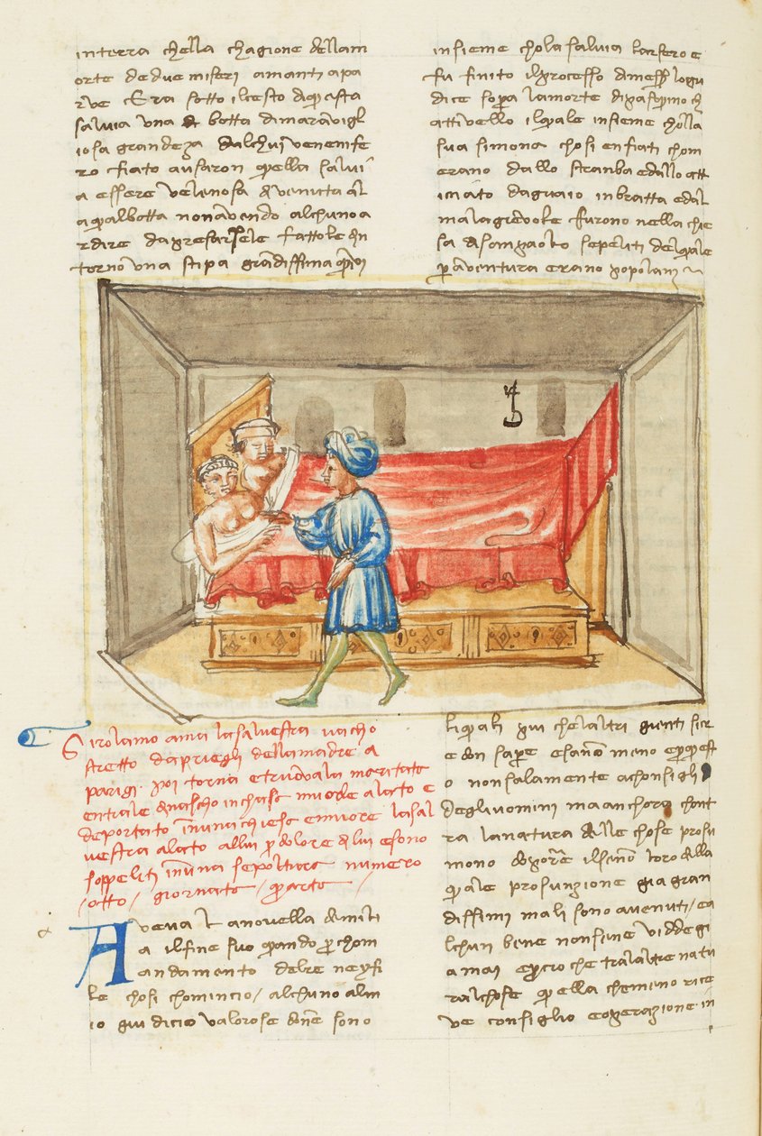 Decameron, Il passato; Girolamo Sighieri nella camera da letto di Salvestra, Quarta giornata, racconto 8. da Giovanni Boccaccio