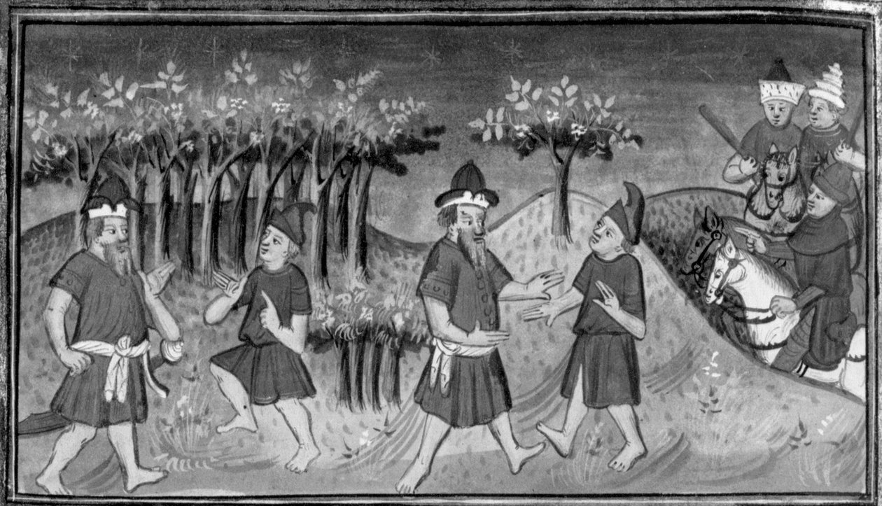 Decameron, Mitridate incontra Natan nella foresta; i due uomini si riconciliano. Decimo giorno, racconto 1 da Giovanni Boccaccio