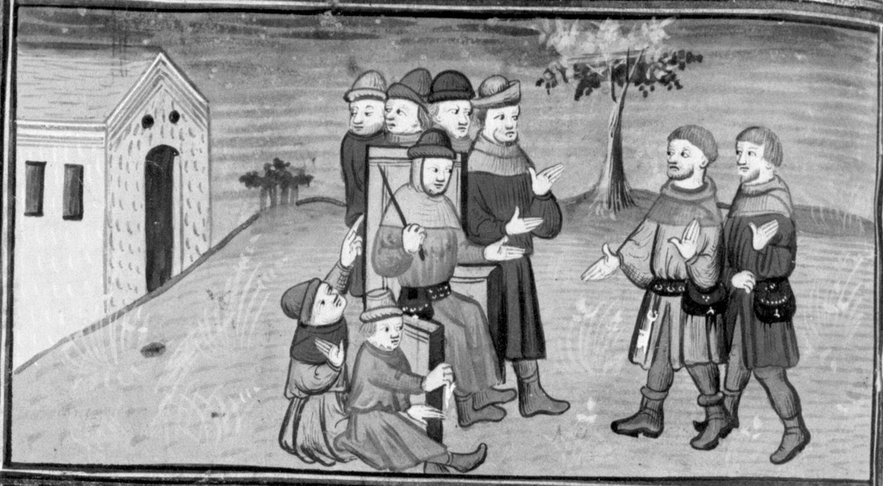 Decameron, Ribi e Maso del Saggio distraggono il giudice Nicola mentre Matteuzzo gli tira i pantaloni. Ottavo giorno, notizia 5 da Giovanni Boccaccio