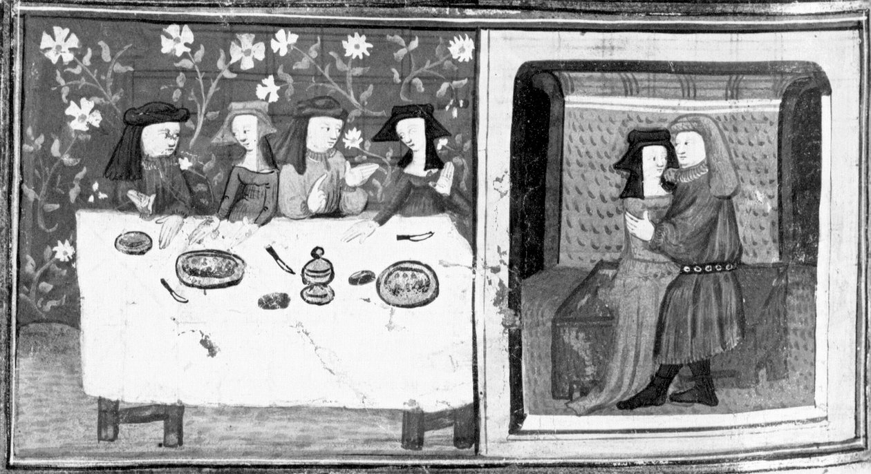 Decameron, Spinelloccio e Zeppa siedono a tavola con le loro mogli; Zeppa bacia la moglie di Spinelloccio. Ottava giornata, racconto 8 da Giovanni Boccaccio