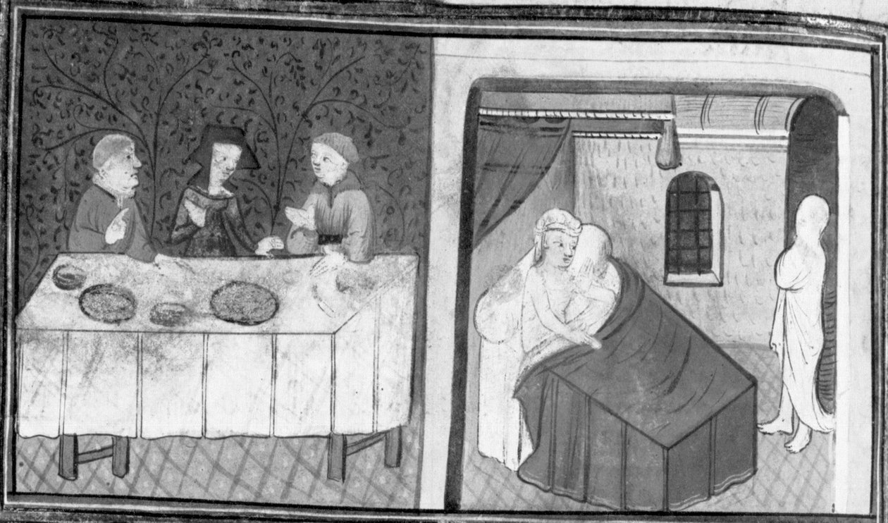 Decameron, Tingoccio e Meuccio siedono a tavola con Madame Mita; dopo la sua morte, Tingoccio va a trovare Meuccio per raccontargli le sue impressioni sull