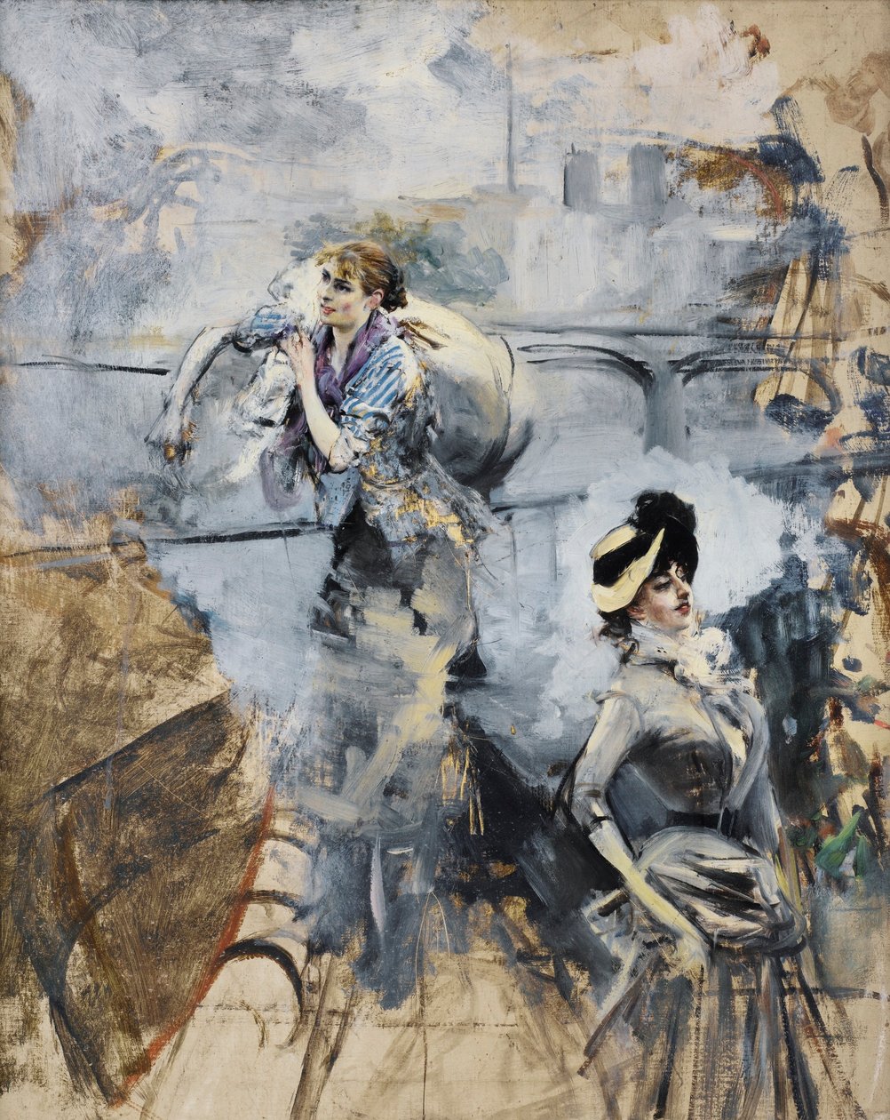 Boldini - LA LAVANDAIA E UNA GIOVANE BRUNETTA SULLA SINA, PARIGI da Giovanni Boldini