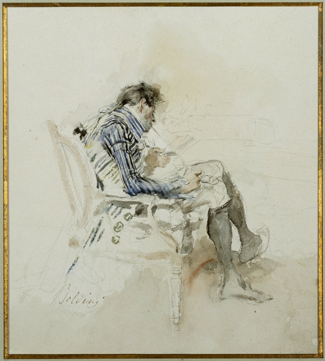 Gentiluomo seduto in poltrona che legge un libro e fuma una pipa da Giovanni Boldini