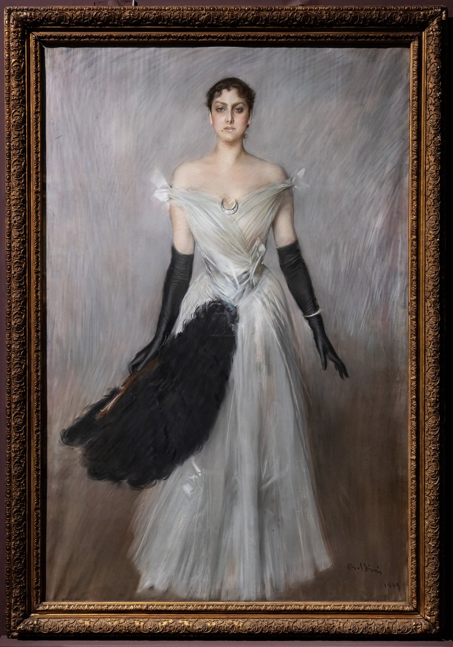 Ritratto di una signora in bianco con guanti e ventaglio da Giovanni Boldini
