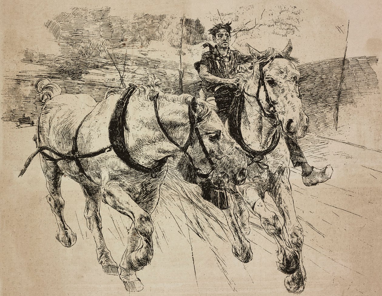 Carrozze di rinforzo per cavalli, incisione dal disegno originale di Giovanni Boldini, dal suo dipinto, da L