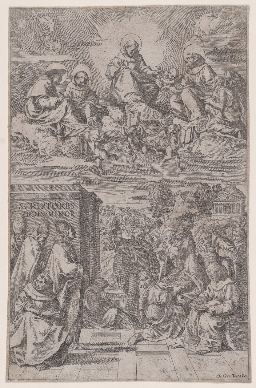 Ecclesiastici in un paesaggio che scrivono, altri nel regno celeste sopra da Giovanni Cesare Testa
