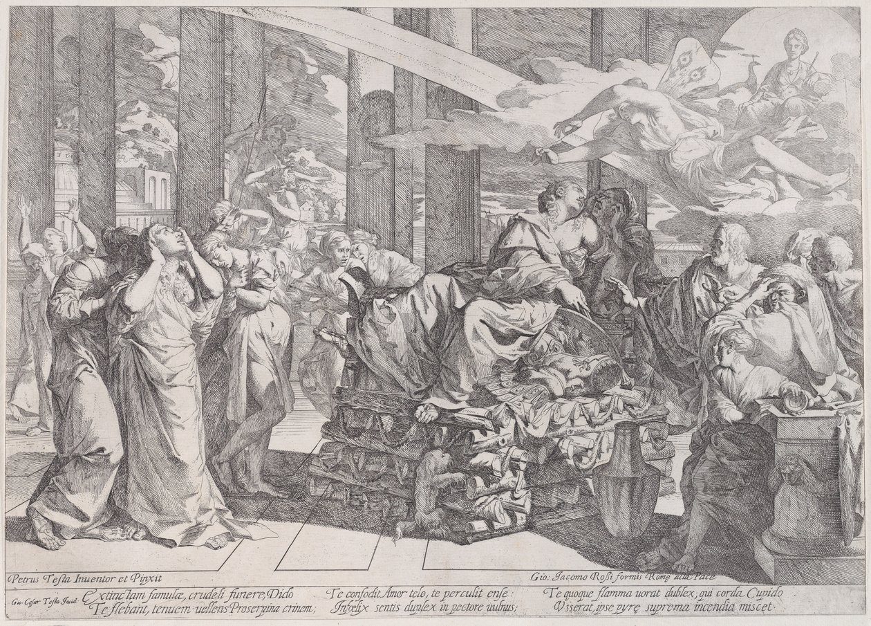 Il suicidio di Didone che giace su una pira al centro, circondata da molte figure, 1650-55 da Giovanni Cesare Testa