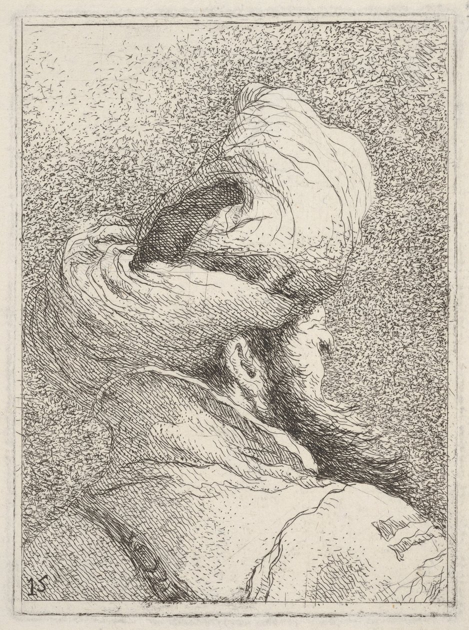 Uomo barbuto con turbante, raffigurato a mezzo busto da dietro in veduta di tre quarti, dalla "Raccolta di teste" da Giovanni Domenico Tiepolo