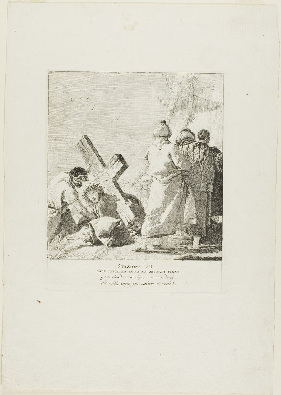 Cristo cade sotto la croce per la seconda volta, settimo piatto della Via Crucis da Giovanni Domenico Tiepolo