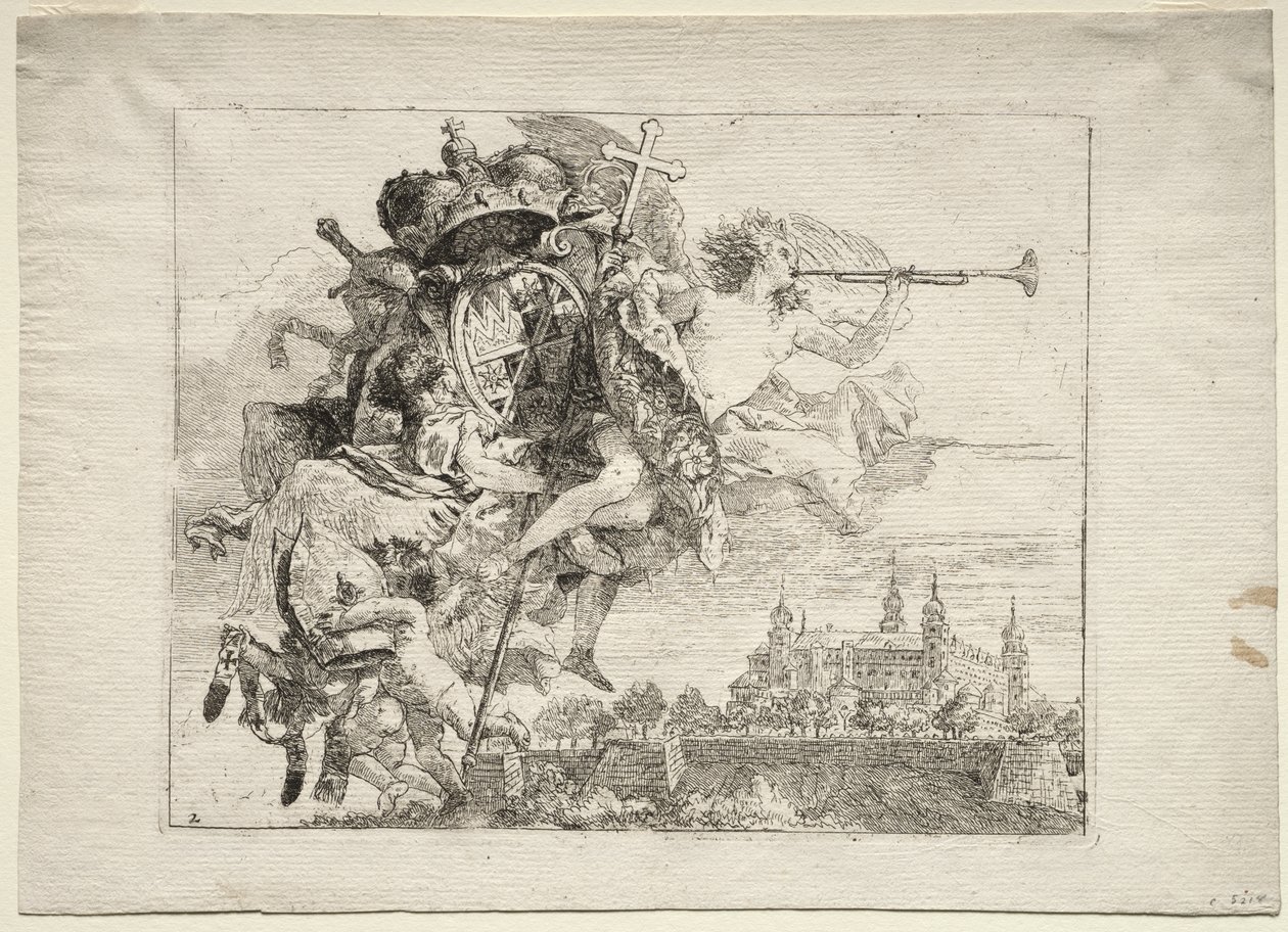 Fuga in Egitto: Dedica con figura alata della Fama che porta le armi del Principe-Vescovo di Würzburg da Giovanni Domenico Tiepolo