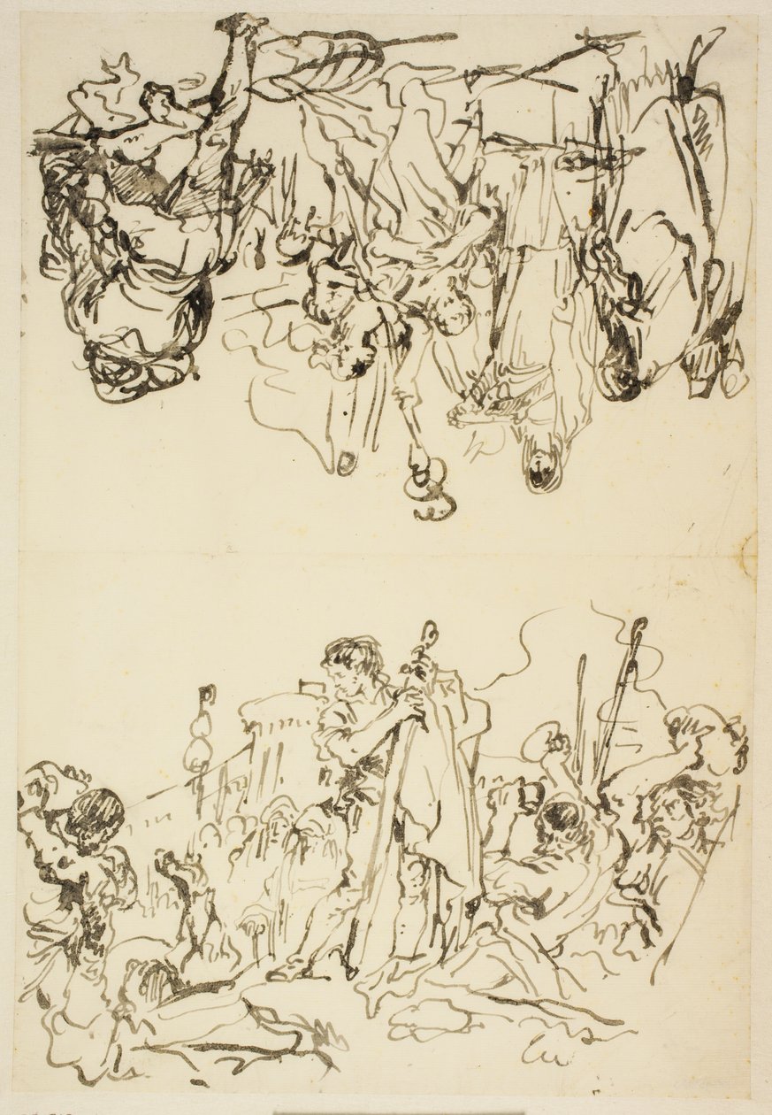 Foglio piegato con "Il martirio di Santo Stefano e Agrippina che sbarca a Brindisi con le ceneri di Germanico" da Giovanni Domenico Tiepolo