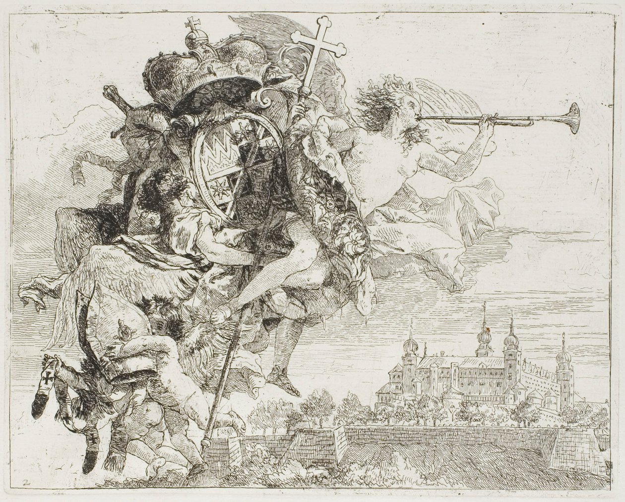 Frontespizio: Le armi di Carl Philipp von Greiffenklau portate in alto da un angelo, da La fuga in Egitto da Giovanni Domenico Tiepolo