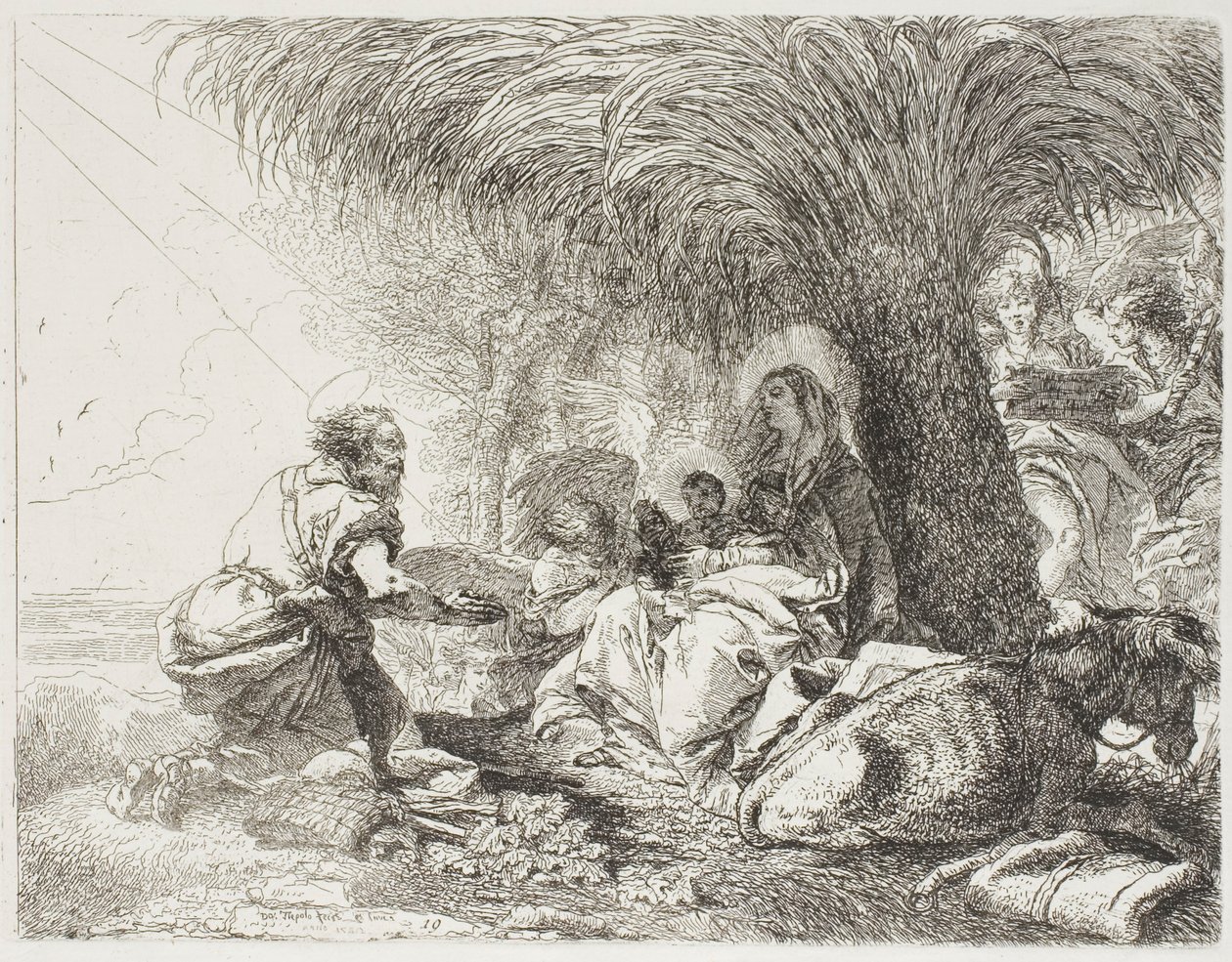Giuseppe che adora il Bambino mentre due angeli cantano, tavola diciannove da La fuga in Egitto da Giovanni Domenico Tiepolo