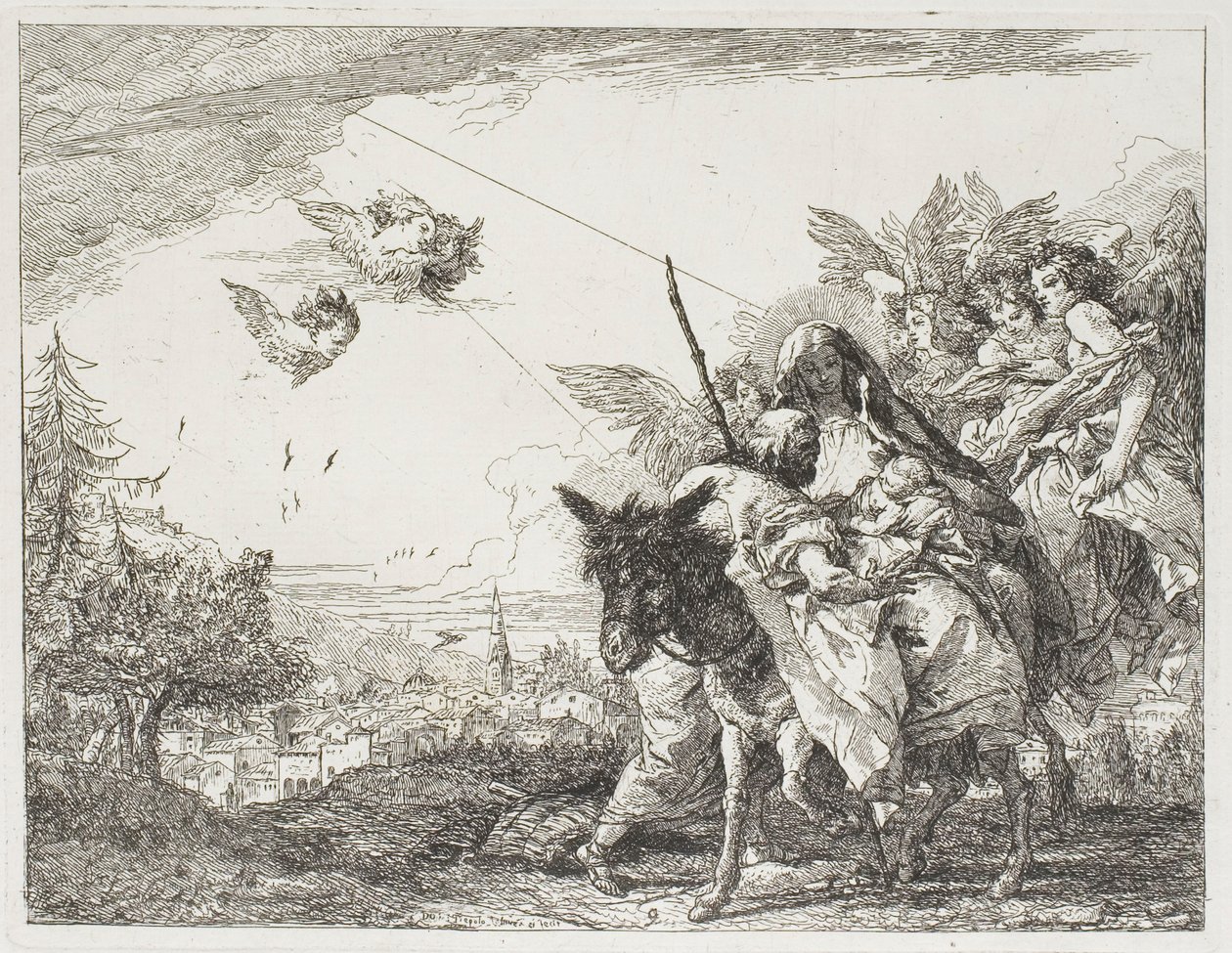 Giuseppe che adora il Bambino tenuto in braccio da Maria, tavola nove da La fuga in Egitto da Giovanni Domenico Tiepolo