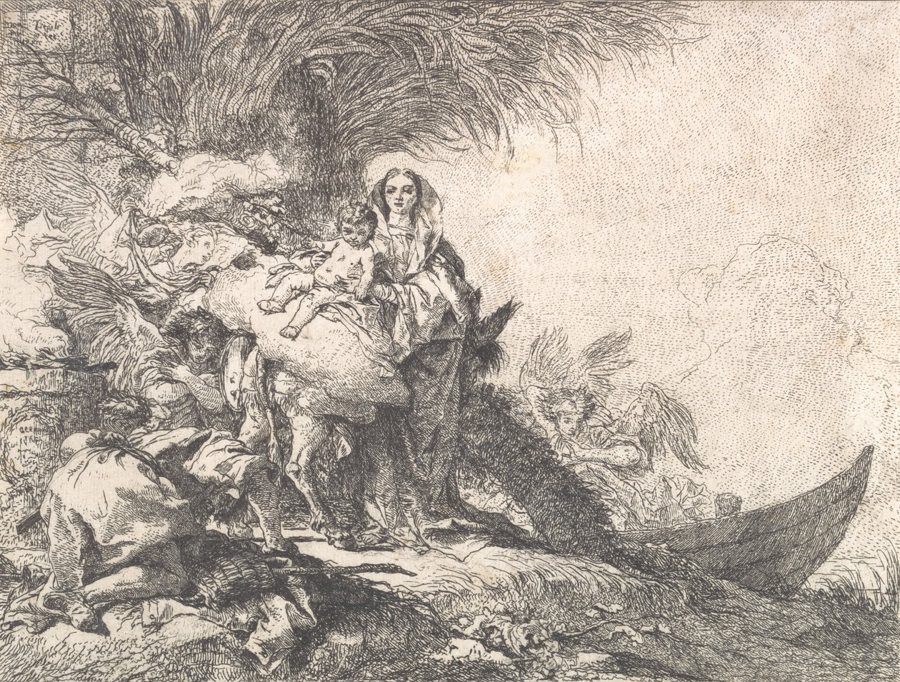 Giuseppe adora il Bambino Gesù vicino a un altare fumante, dalla Fuga in Egitto, 1752 da Giovanni Domenico Tiepolo