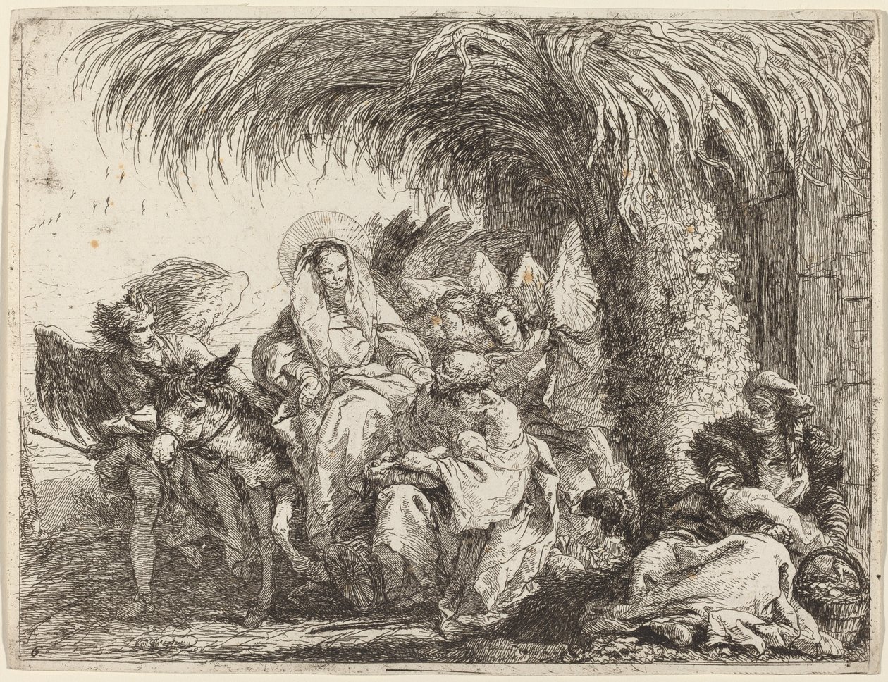 Giuseppe inginocchiato con il bambino davanti a Maria sull