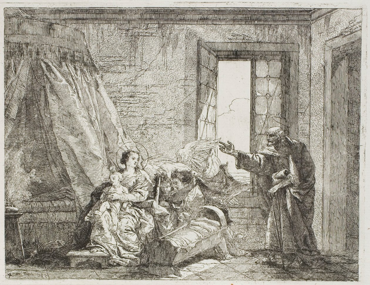 Giuseppe dice a Maria della loro prossima partenza, tavola quattro da La fuga in Egitto da Giovanni Domenico Tiepolo