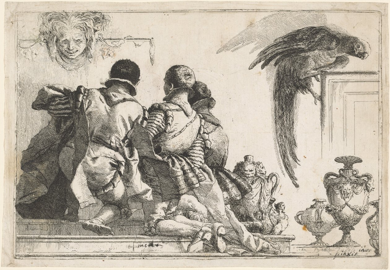 Pagine inginocchiate, una maschera e un pappagallo da Giovanni Domenico Tiepolo