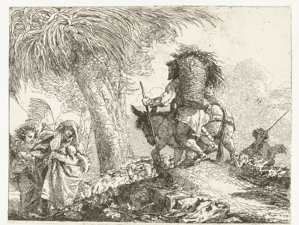 Maria con Bambino sostenuto da un angelo e Giuseppe guida un asino accanto a un pastore con pecore da Giovanni Domenico Tiepolo