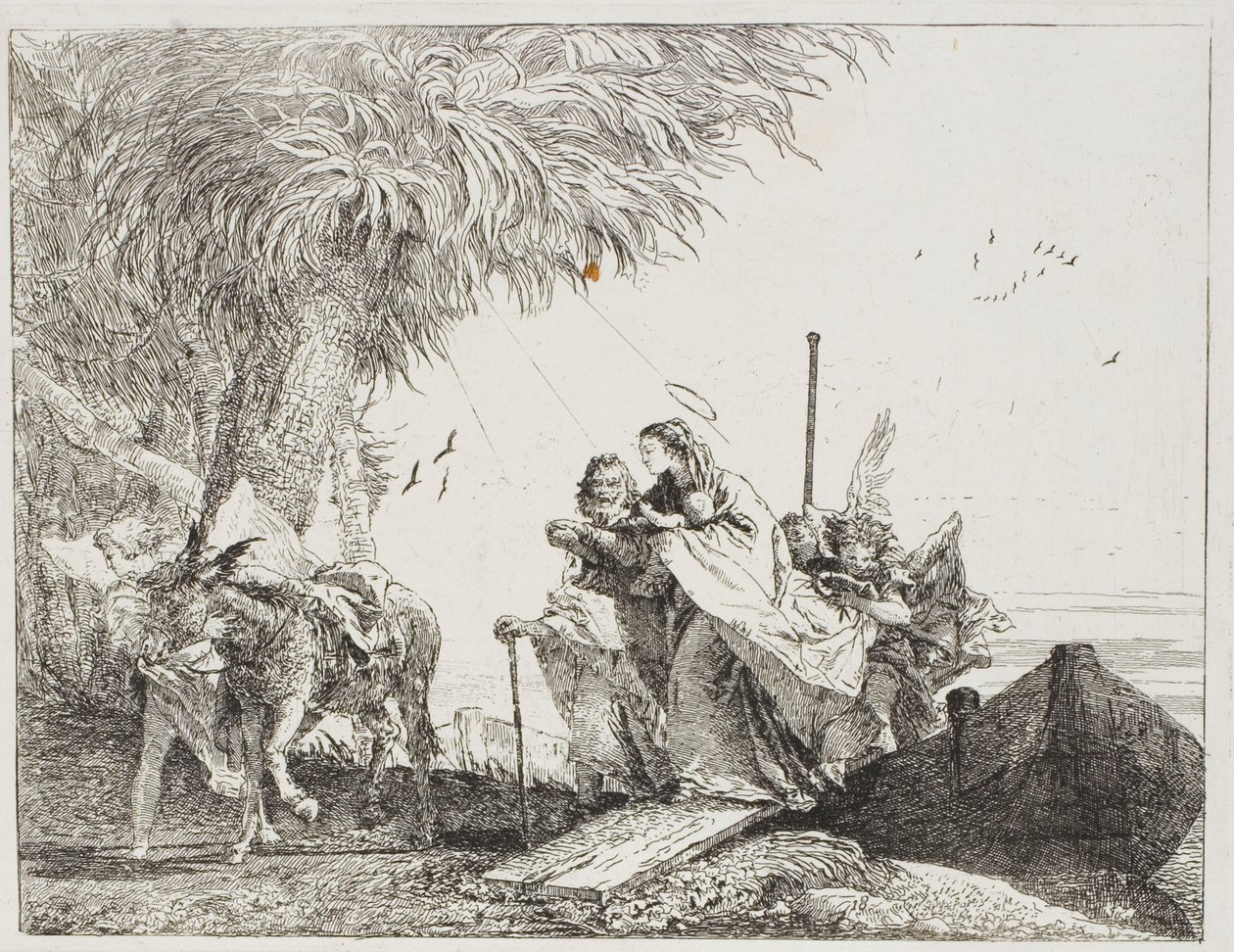 Maria, aiutata da Giuseppe e un angelo, scende dalla barca, tavola diciotto da La fuga in Egitto da Giovanni Domenico Tiepolo