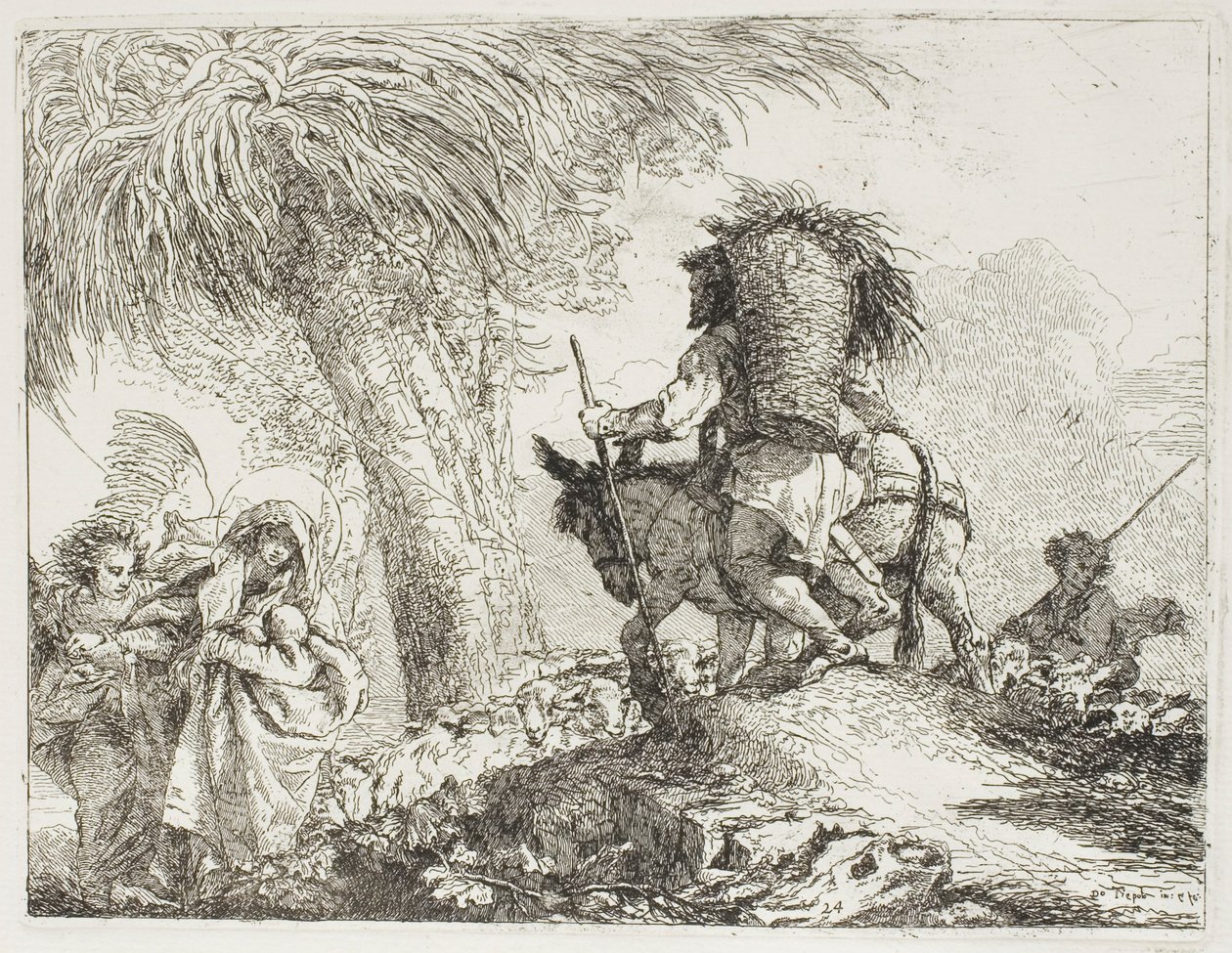 Maria, aiutata da un angelo, e Giuseppe che porta il cesto, passando un gregge, tavola 24 da La fuga in Egitto da Giovanni Domenico Tiepolo