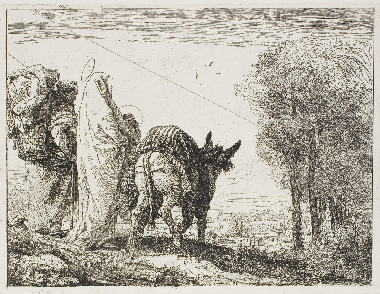 Maria che tiene il Bambino in braccio e Giuseppe con il cesto, tavola dieci da La fuga in Egitto da Giovanni Domenico Tiepolo