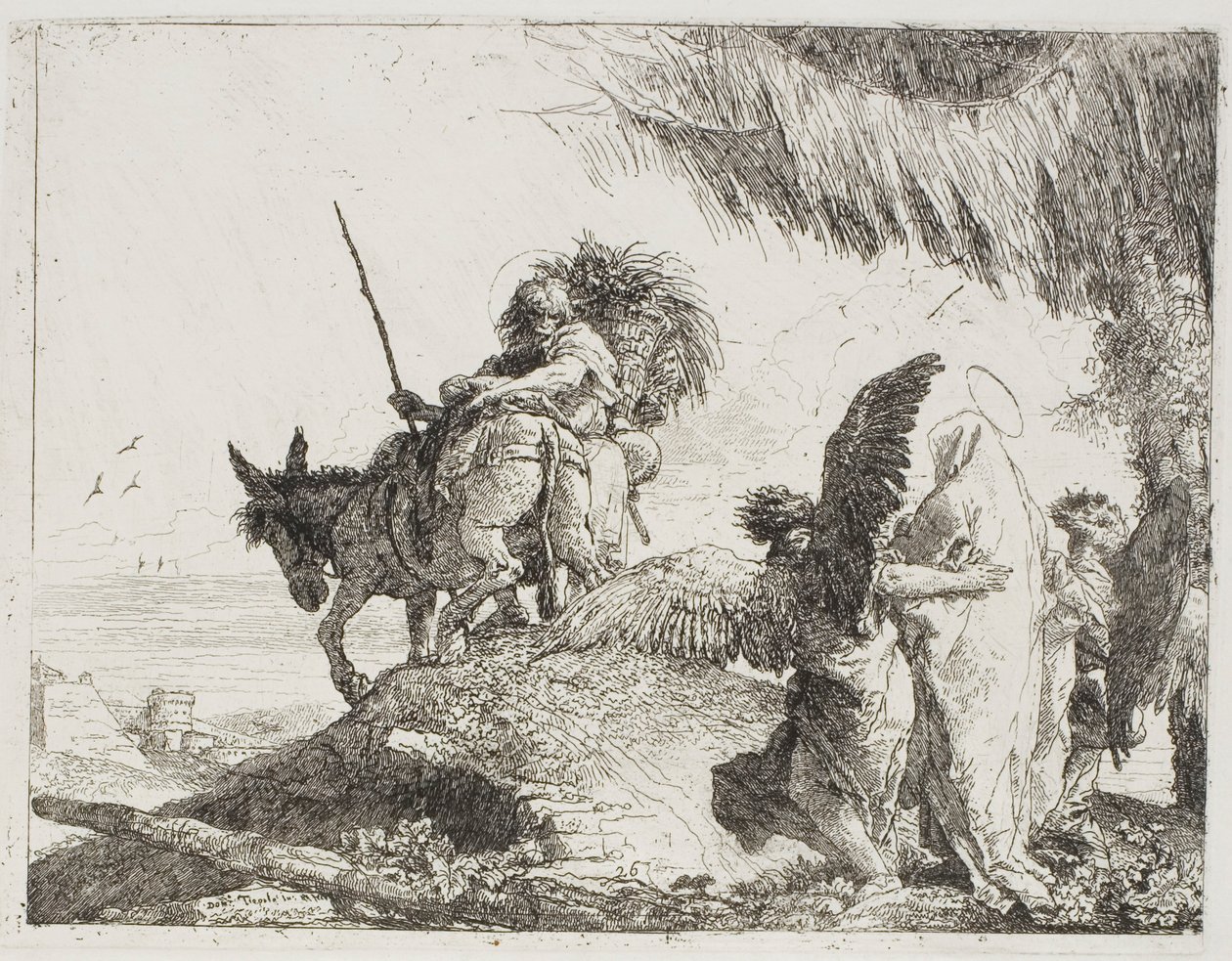 Maria, sostenuta da due angeli, segue Giuseppe, tavola 26 da La fuga in Egitto da Giovanni Domenico Tiepolo