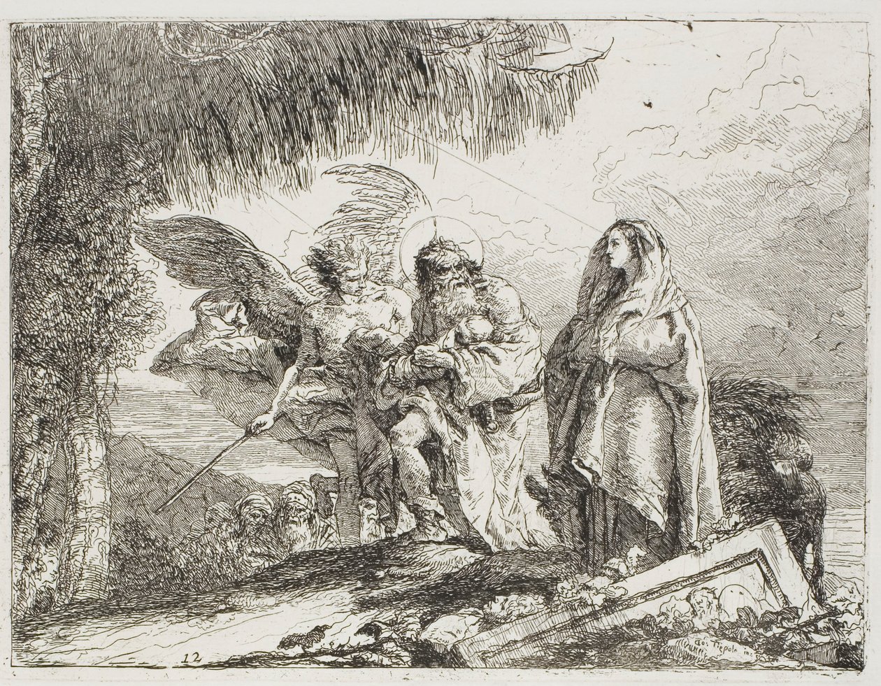 Maria e Giuseppe, con il Bambino, sono Scortati da un Angelo, tavola dodici da La Fuga in Egitto da Giovanni Domenico Tiepolo