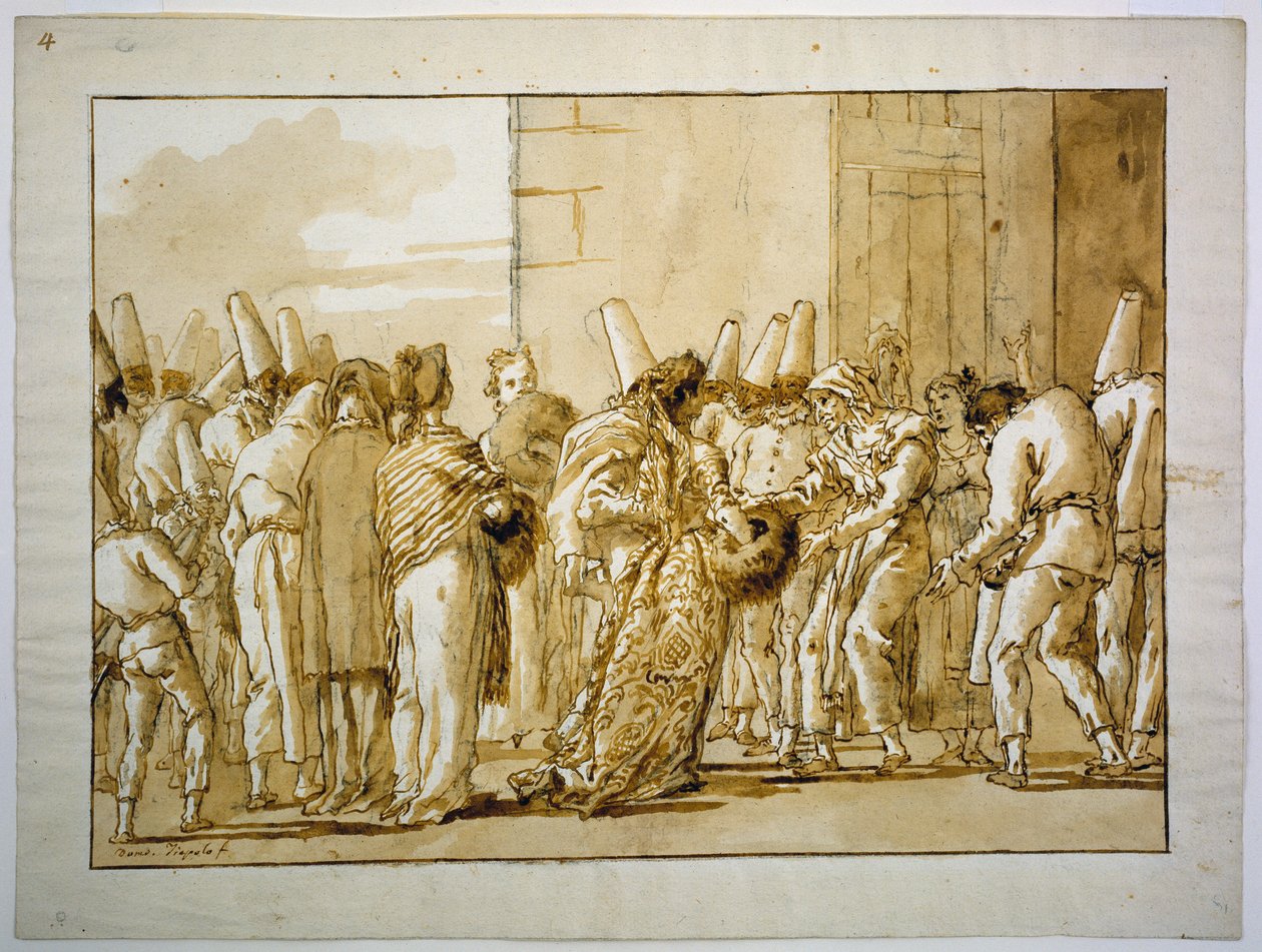 Punchinellas Vater bringt seine Braut nach Hause da Giovanni Domenico Tiepolo