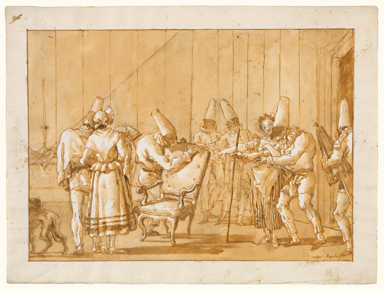Punchinello viene accompagnato a sedersi su una sedia da Giovanni Domenico Tiepolo