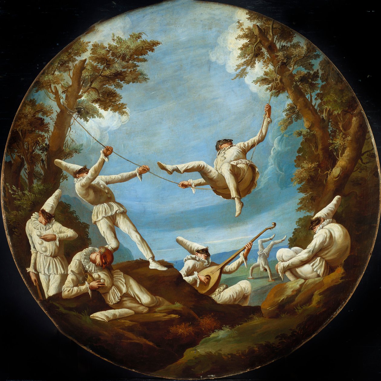 Pulcinella su altalene, che fanno musica e acrobazie in un paesaggio da Giovanni Domenico Tiepolo