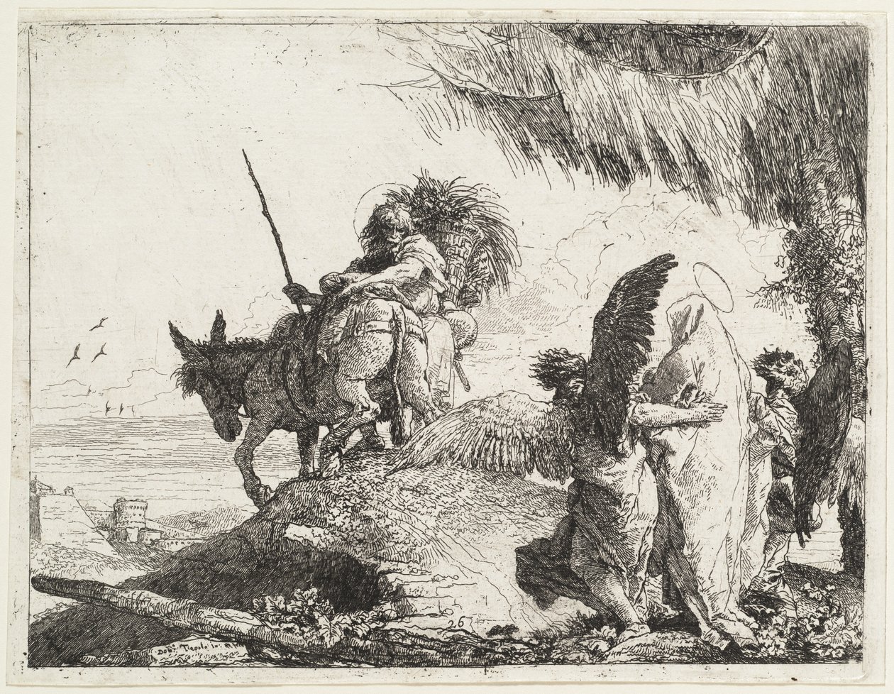 La fuga, con Madonna a destra sostenuta dagli angeli da Giovanni Domenico Tiepolo
