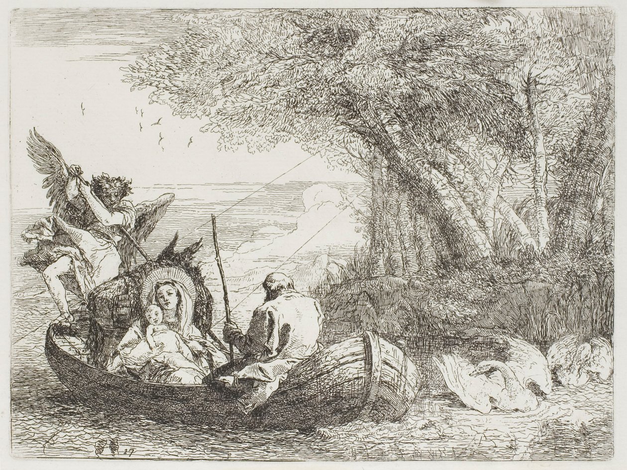 La Sacra Famiglia attraversa il lago in barca, tavola diciassette da La fuga in Egitto da Giovanni Domenico Tiepolo