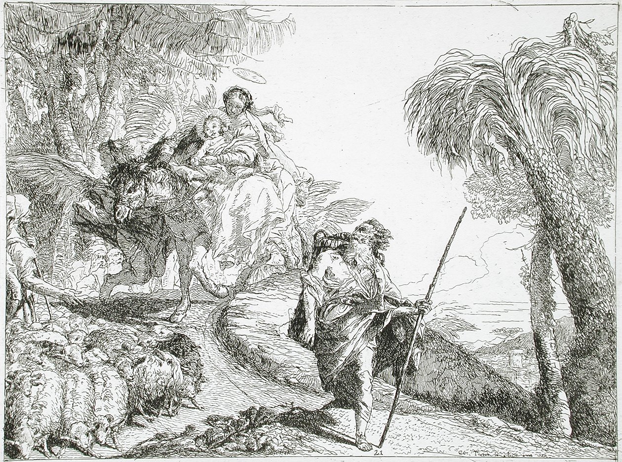 La Sacra Famiglia scende lungo un sentiero nel bosco, presso un gregge e alcuni pastori da Giovanni Domenico Tiepolo