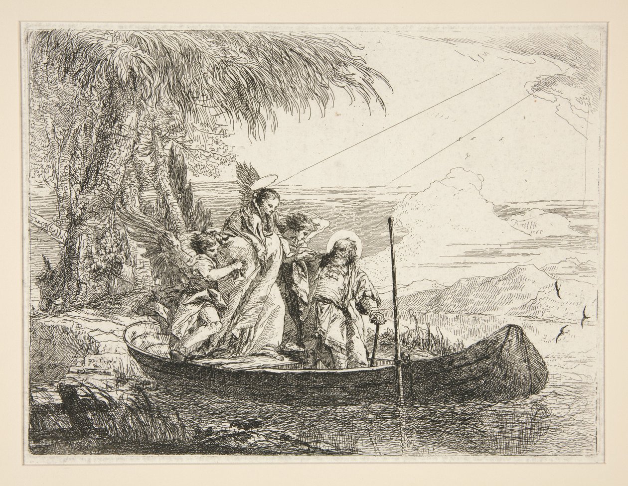 La Sacra Famiglia sale su una barca, dalla serie “Idee pittoresche sopra la fuga in Egitto” da Giovanni Domenico Tiepolo