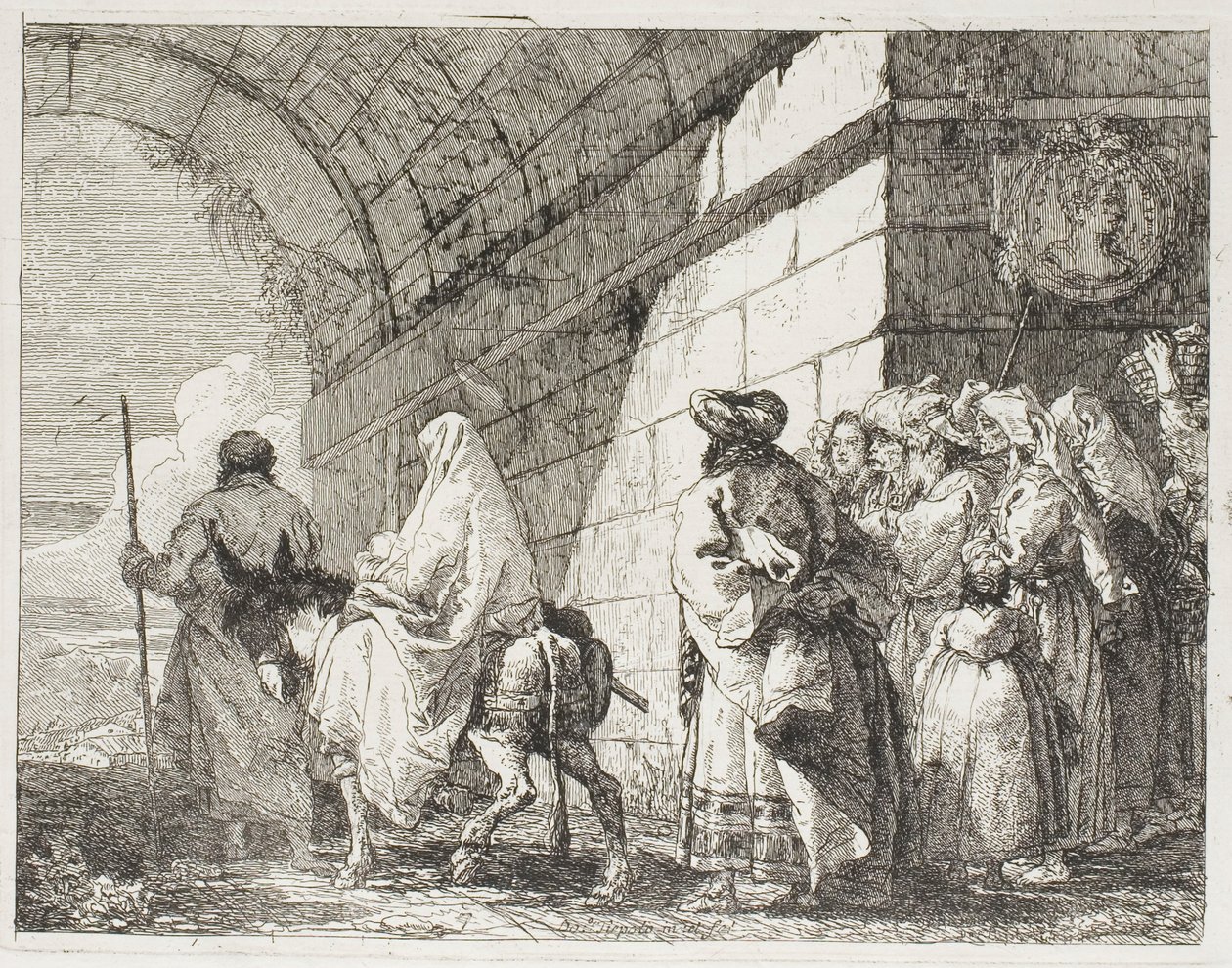 La Sacra Famiglia che lascia una porta della città, tavola sette da La fuga in Egitto da Giovanni Domenico Tiepolo