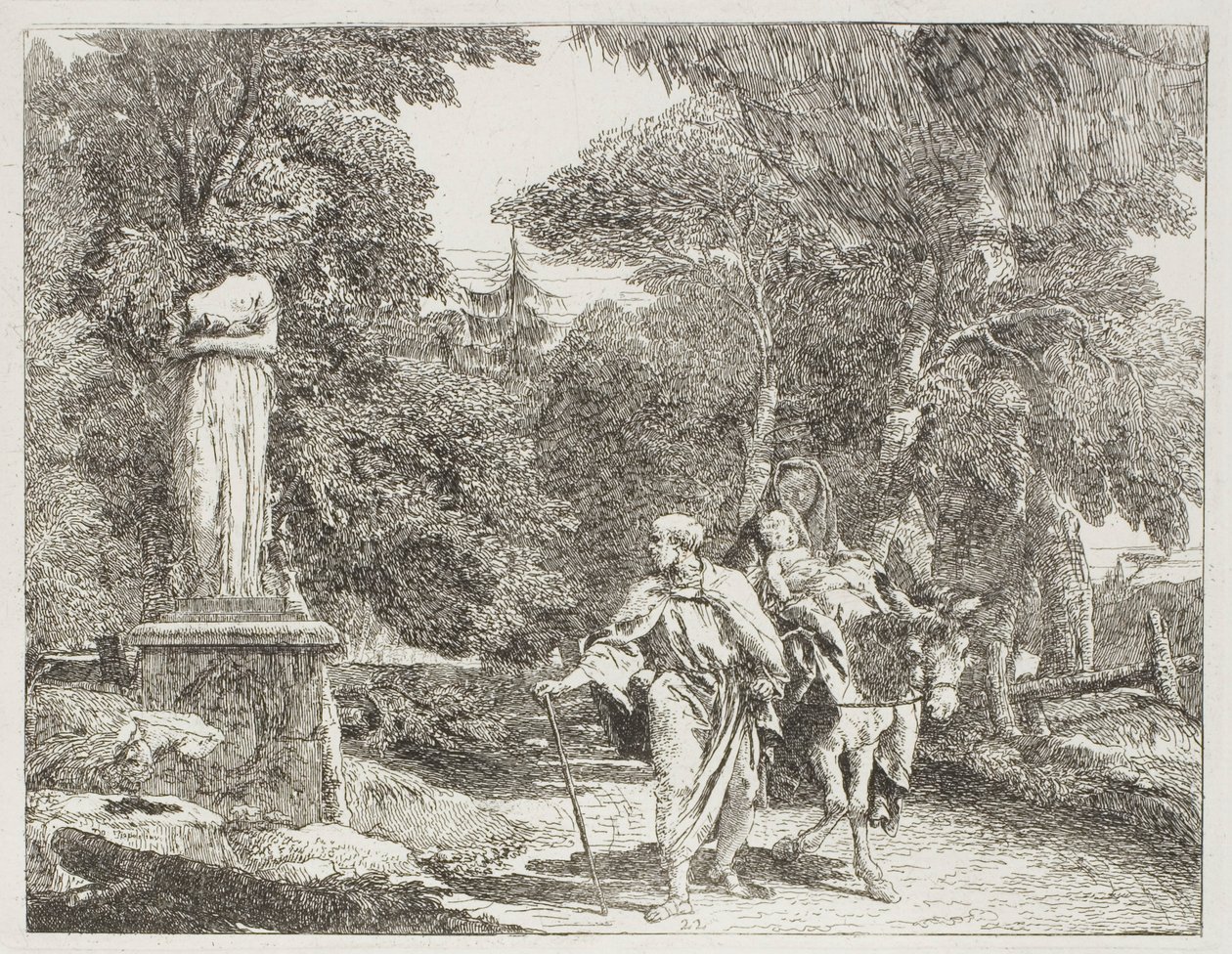 La Sacra Famiglia passa davanti a una statua, la cui testa cade a terra, tavola 22 da La fuga in Egitto da Giovanni Domenico Tiepolo