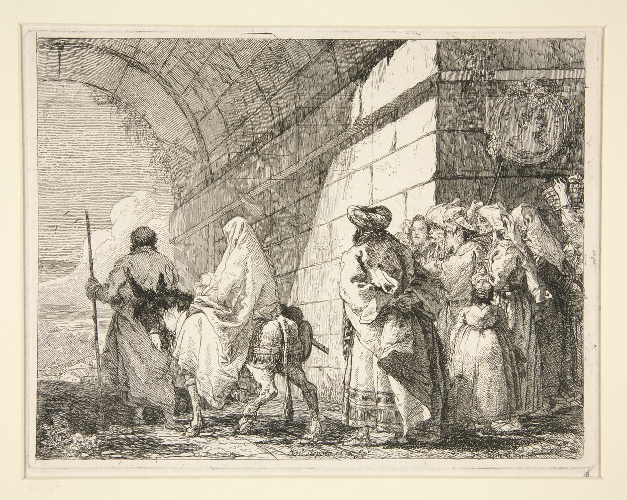 La Sacra Famiglia che passa sotto un arco, uscendo da una porta della città, dalla serie “Idee pittoresche sopra la fuga in Egitto” (Fuga in Egitto) da Giovanni Domenico Tiepolo