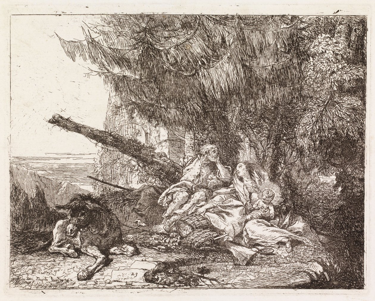 La Sacra Famiglia riposa sotto un abete (La fuga in Egitto XXIII) da Giovanni Domenico Tiepolo