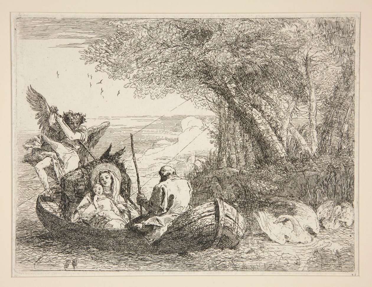 La Sacra Famiglia in viaggio in barca, dalla serie Idee pittoresche sopra la fuga in Egitto da Giovanni Domenico Tiepolo