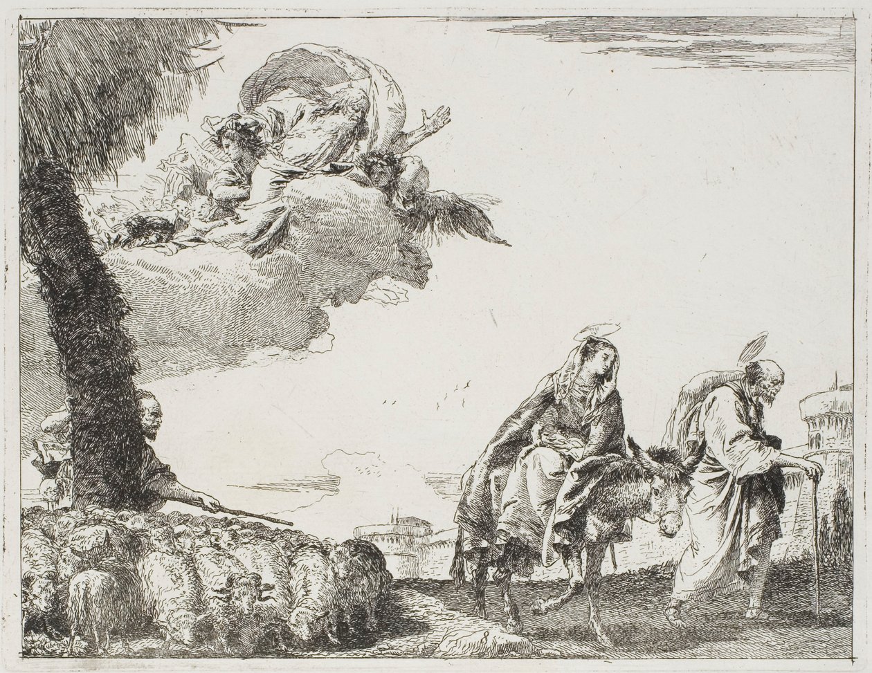 La Sacra Famiglia cammina lungo un muro della città. A sinistra, un pastore con il suo gregge e Dio Padre, tavola otto da La fuga in Egitto da Giovanni Domenico Tiepolo