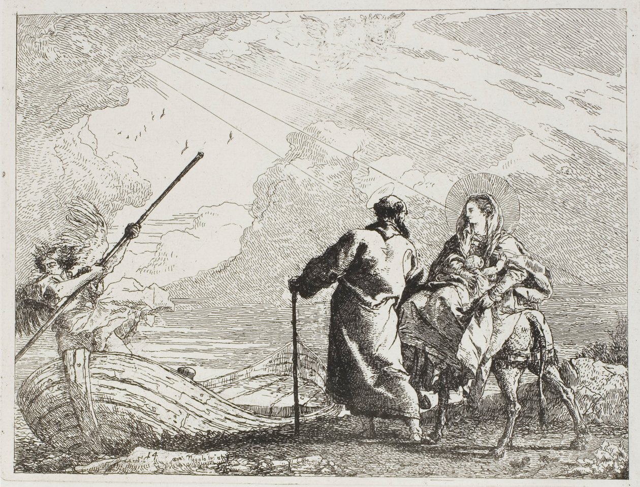 La Sacra Famiglia sulla riva di un fiume, tavola quattordici da La fuga in Egitto da Giovanni Domenico Tiepolo