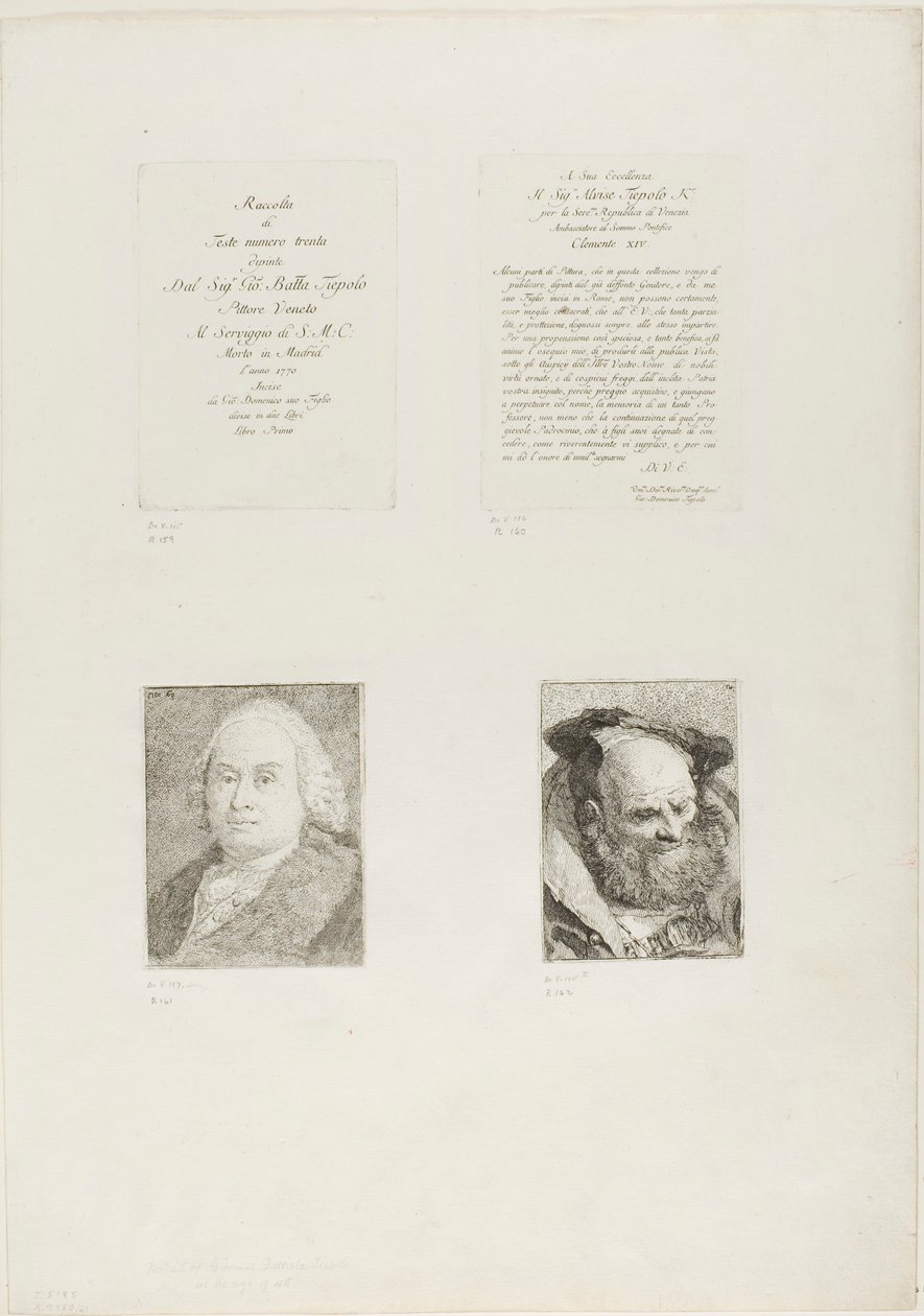 Pagina del titolo, dedica, ritratto di Giambattista Tiepolo, vecchio barbuto da Giovanni Domenico Tiepolo