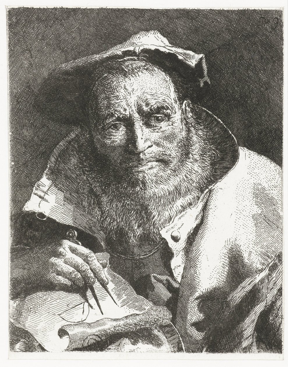 Scienziato con berretto in testa e compasso in mano (Collezione di teste) da Giovanni Domenico Tiepolo